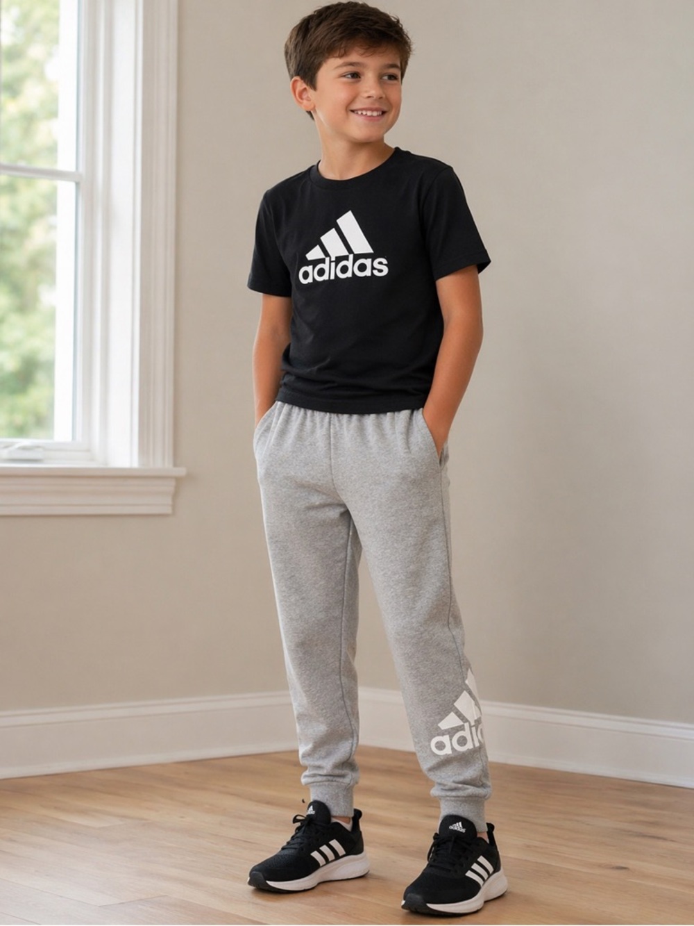 Adidas Kids Fleece Joggers Light Grey Size M 10/12 Logo Sweatpants Athletic Pant